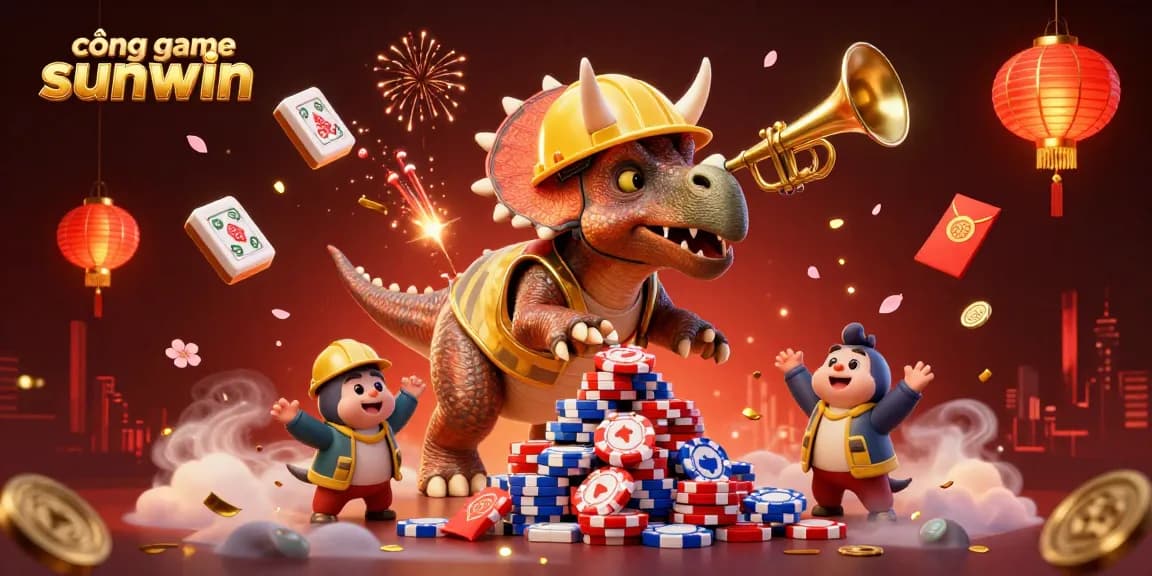Cổng game sunwin showcases a vibrant scene of a cartoon triceratops building poker chips while celebrating with friends amidst magical decorations.