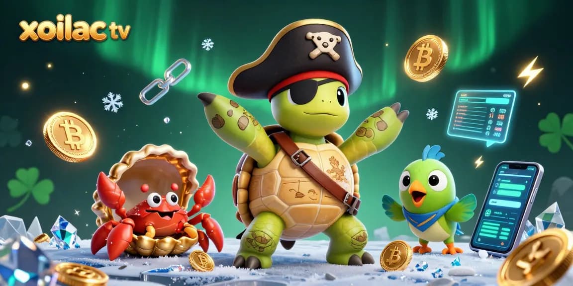 Xoilac tv offers live sports betting action, showcasing a vibrant 3D scene of a pirate turtle and friends among futuristic gaming elements.