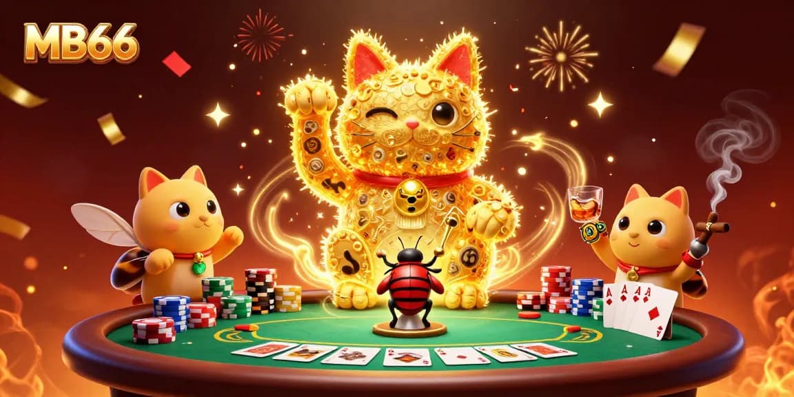 Experience the captivating charm of MB66 with a playful golden lucky cat and dynamic poker elements.
