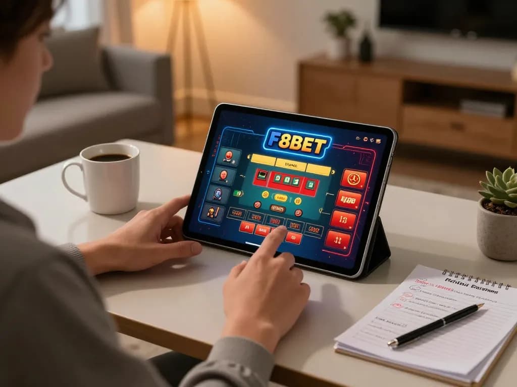 Engaging in F8BET online casino games from a stylish home setup with tablet and strategy notes.