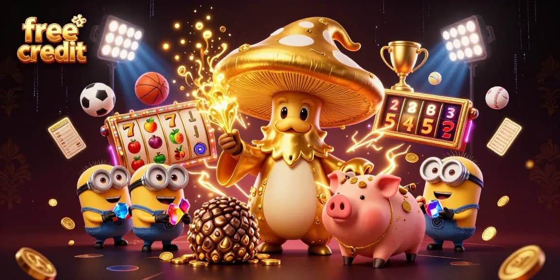 Experience free credit bonuses at casinos with an enchanting mushroom wizard and gold treasures.