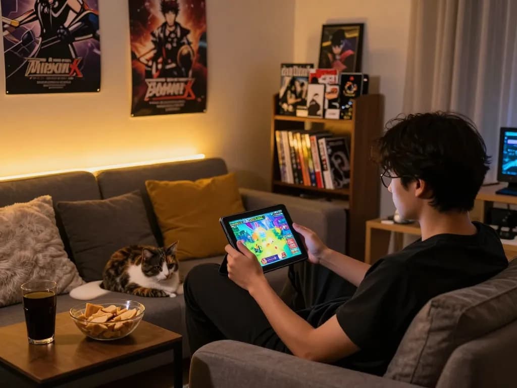 Play porn games in a cozy room with vibrant visuals and ambient lighting.