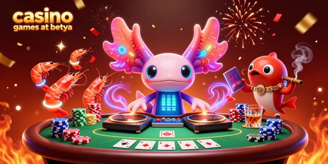 Engage with vibrant casino games at betya featuring a neon axolotl DJ and animated sea creatures.