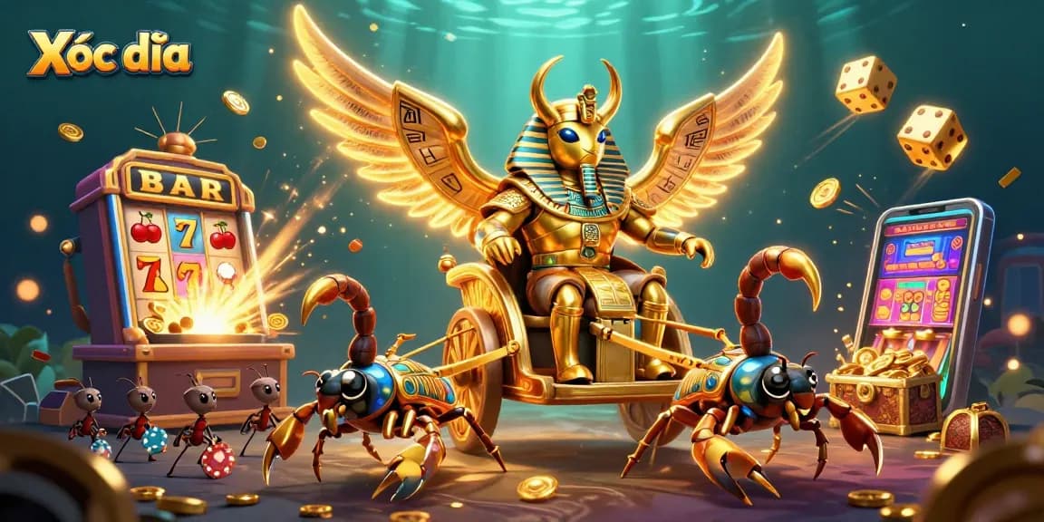 Xóc đĩa vibrant scene with a golden scarab, scorpions, and treasure, illustrating high-stakes casino action.