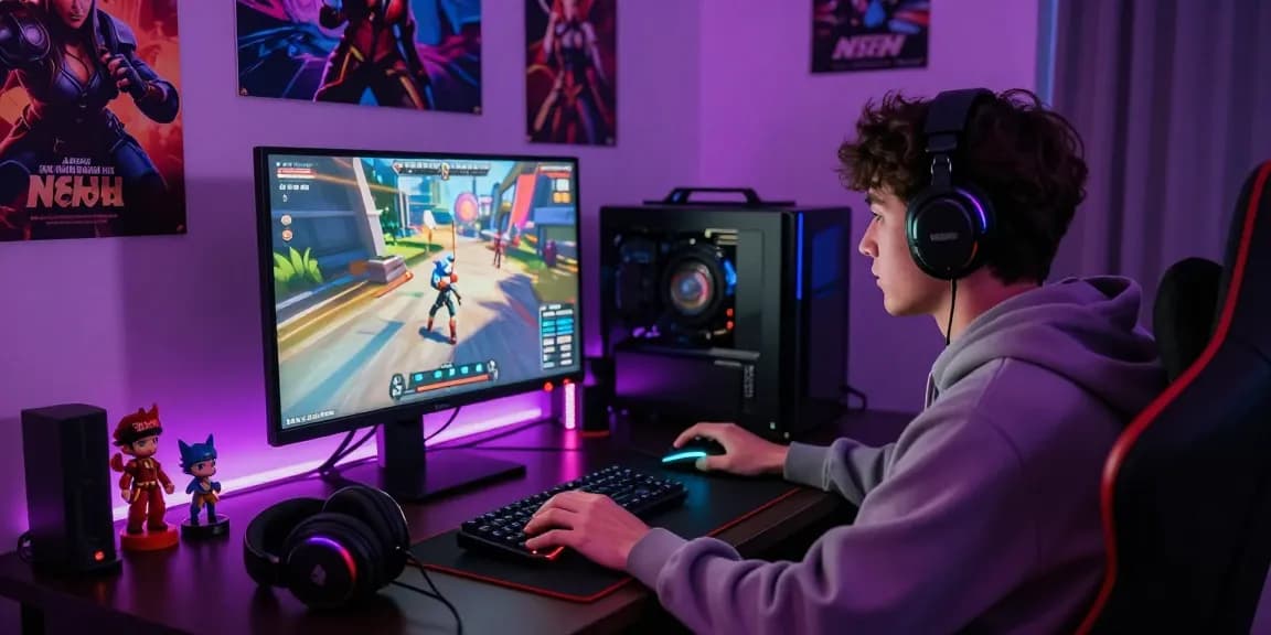 Immersive NSFW game scene with gamer focused on vibrant graphics in a dimly lit room.