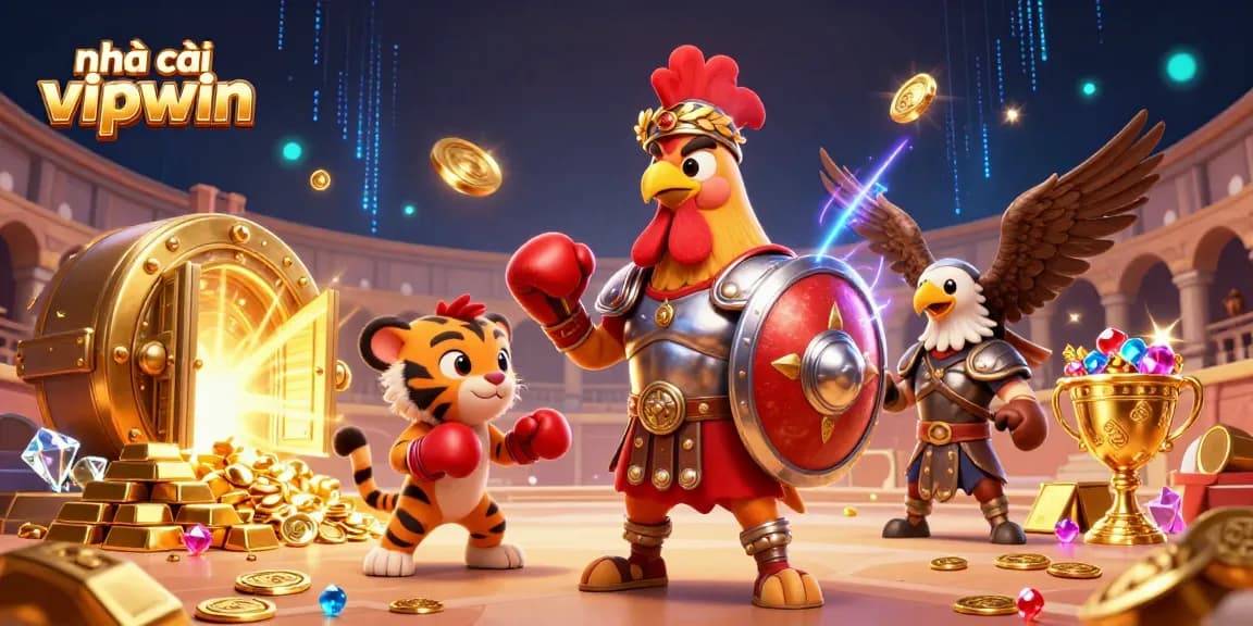 Engage with nhà cái vipwin's thrilling casino adventures featuring dynamic 3D illustration of a battling rooster and vibrant treasures.