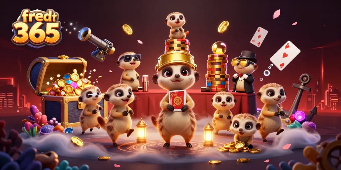 Engaging scene of meerkats running a casino, embodying the free credit 365 spirit with card games and treasure.