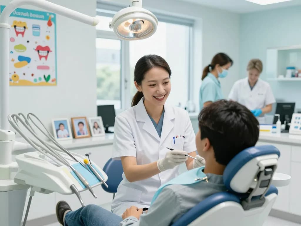 Dentist near me offering a warm welcome in a modern dental office with caring professionals and soothing colors.