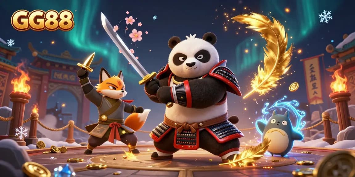 Engage in thrilling wins at GG88 Casino with animated samurai panda and ninja fox amidst vibrant game elements.