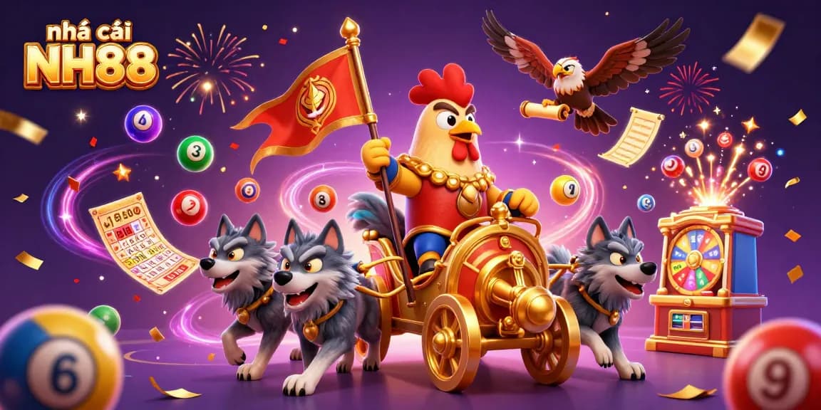 Experience the vibrant atmosphere of nhà cái NH88 with dynamic lottery elements and a powerful rooster character.