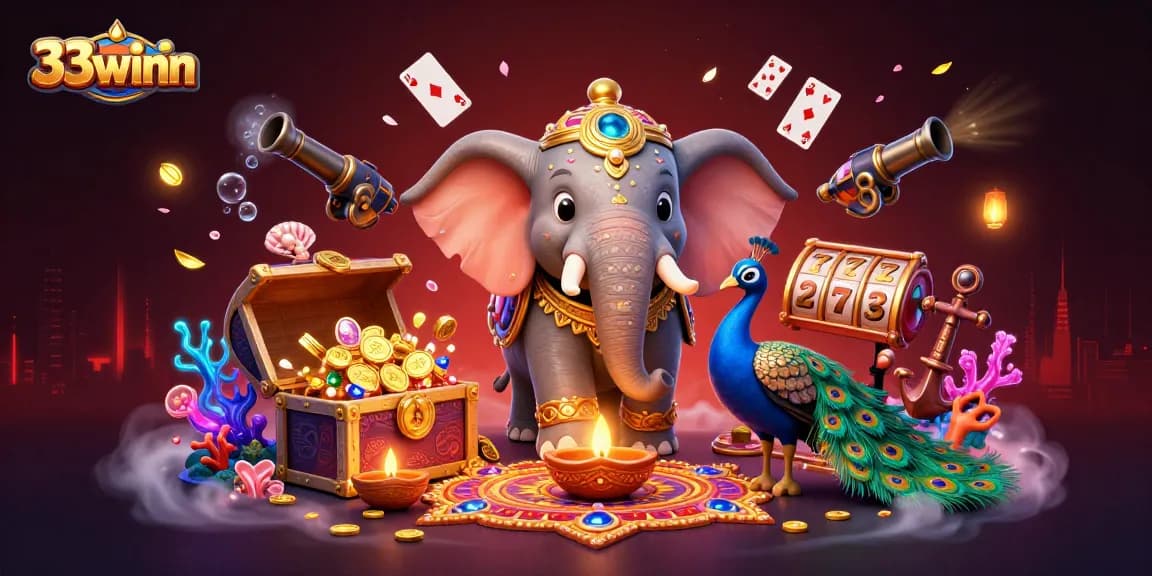 Experience the excitement of 33winn with a vibrant casino-themed illustration featuring dynamic characters and gaming elements.