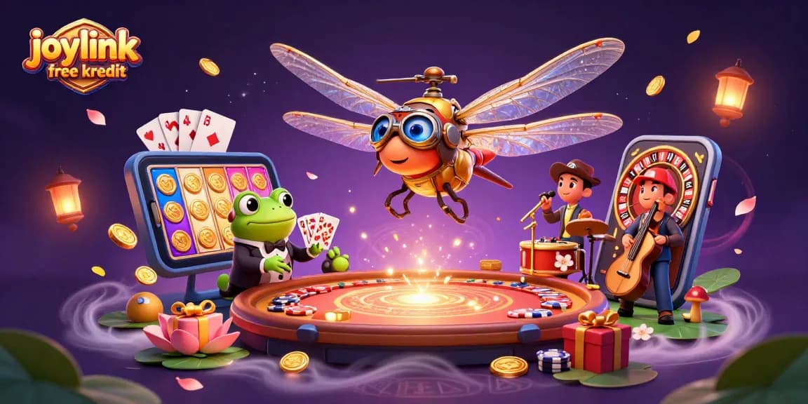 Engage with the joylink free kredit scene showcasing vibrant casino excitement with a dragonfly pilot and frog croupier.