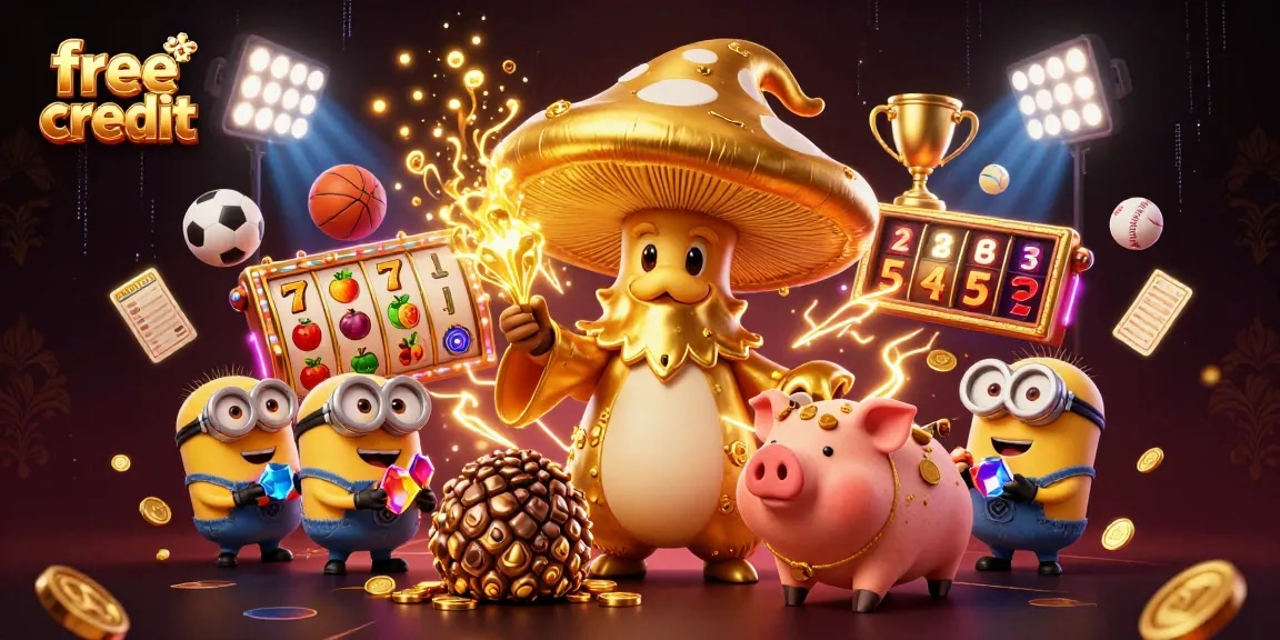 Experience free credit bonuses at casinos with an enchanting mushroom wizard and gold treasures.