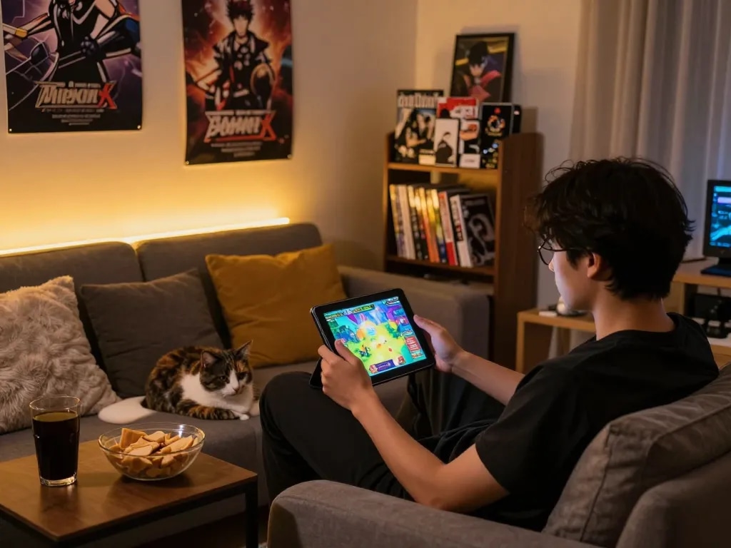 Play porn games in a cozy room with vibrant visuals and ambient lighting.