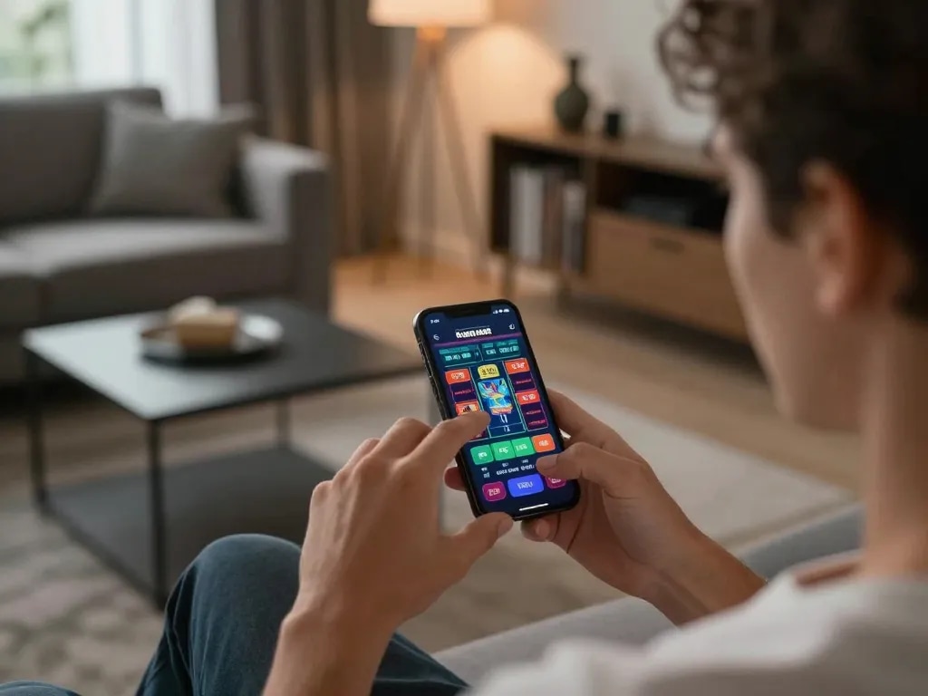 Engaging in m88 login mobile on a smartphone, showcasing live betting options in a cozy home setting