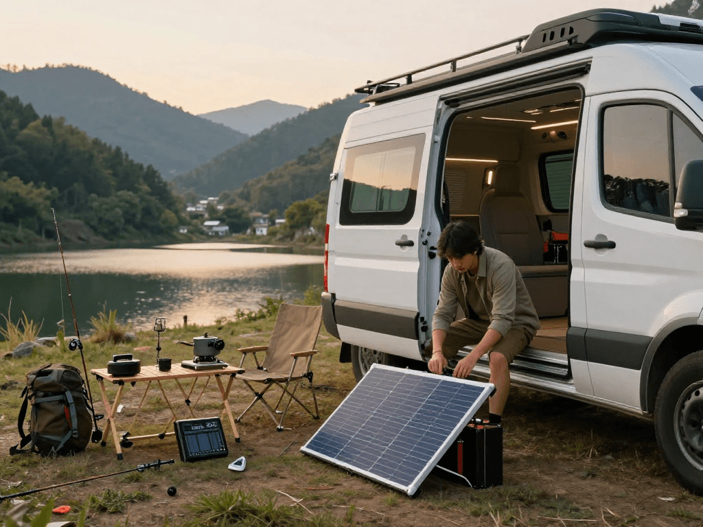 Setting up rokok88 slot solar panel and batteries at scenic campsite.