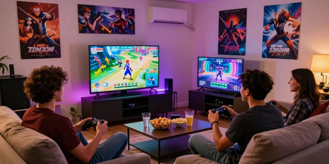 Two friends enjoying hentaigame on a big screen with controllers in hand, snacks around.