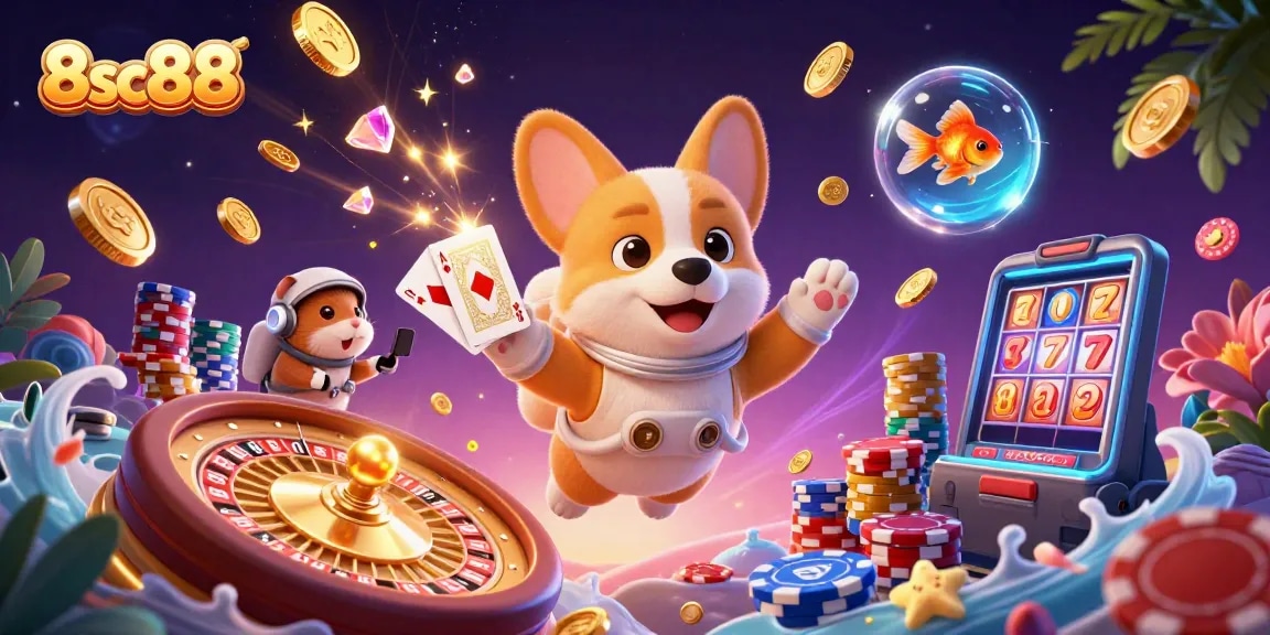 8sc88’s cartoon illustration showcasing an astronaut corgi in a casino, featuring floating poker chips, golden coins, and dynamic elements.