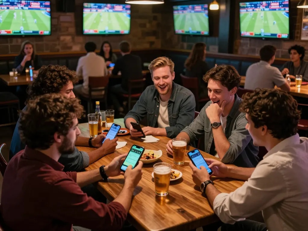 Engaged friends enjoying keo nha cai sports betting at a vibrant sports bar atmosphere.