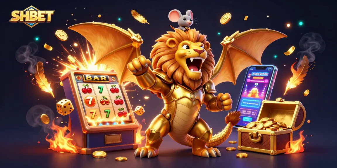 Win big with SHBET as the golden chimera and mouse jockey celebrate in a vibrant casino scene.