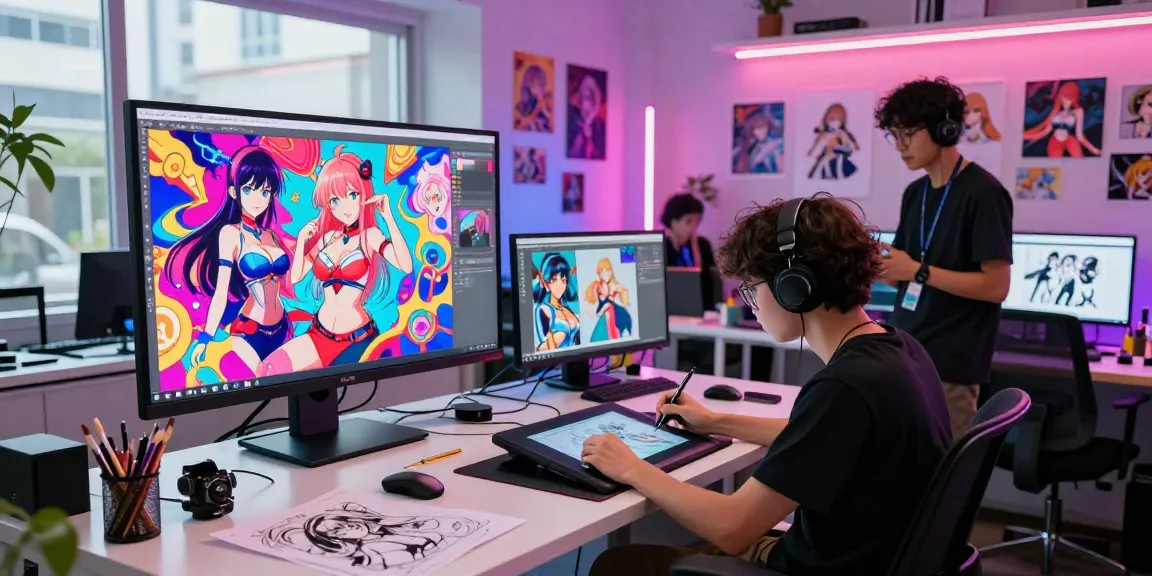 Artists collaborating in a digital studio creating AI ecchi illustrations showcasing creativity and innovation.