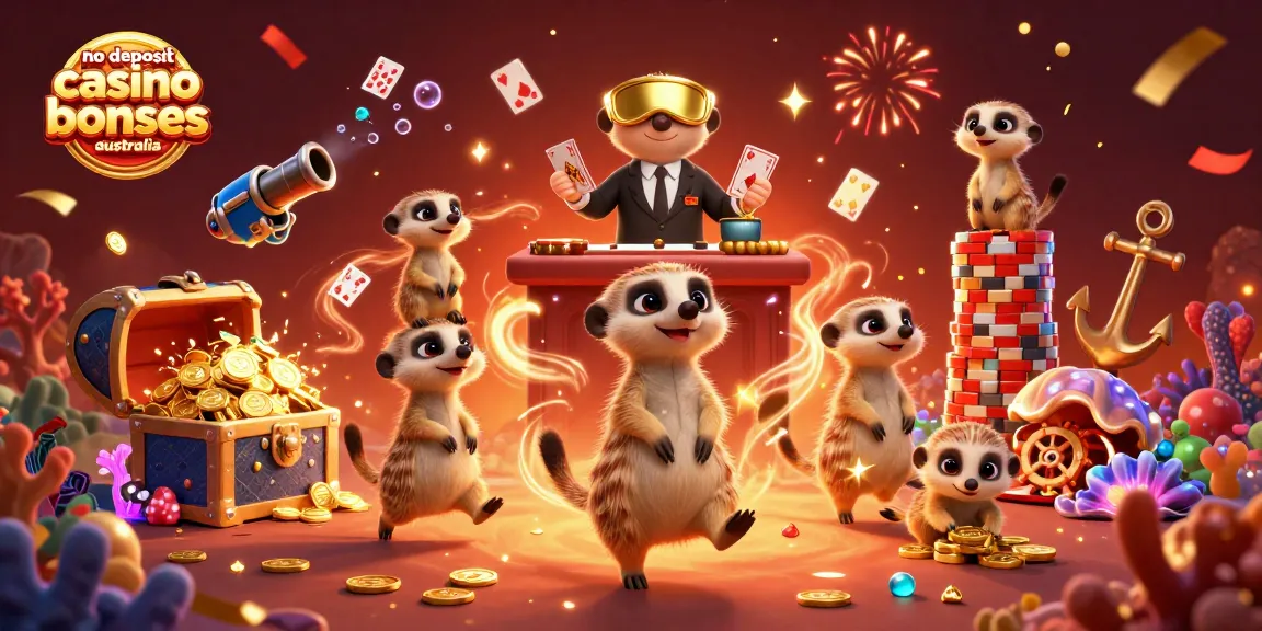 No deposit casino bonuses Australia illustrated with meerkats in a vibrant casino scene.