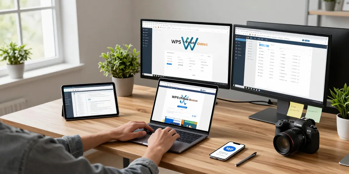 User engaging with the WPS Official Website on modern laptop in a bright office workspace, showcasing productivity tools and a professional atmosphere.