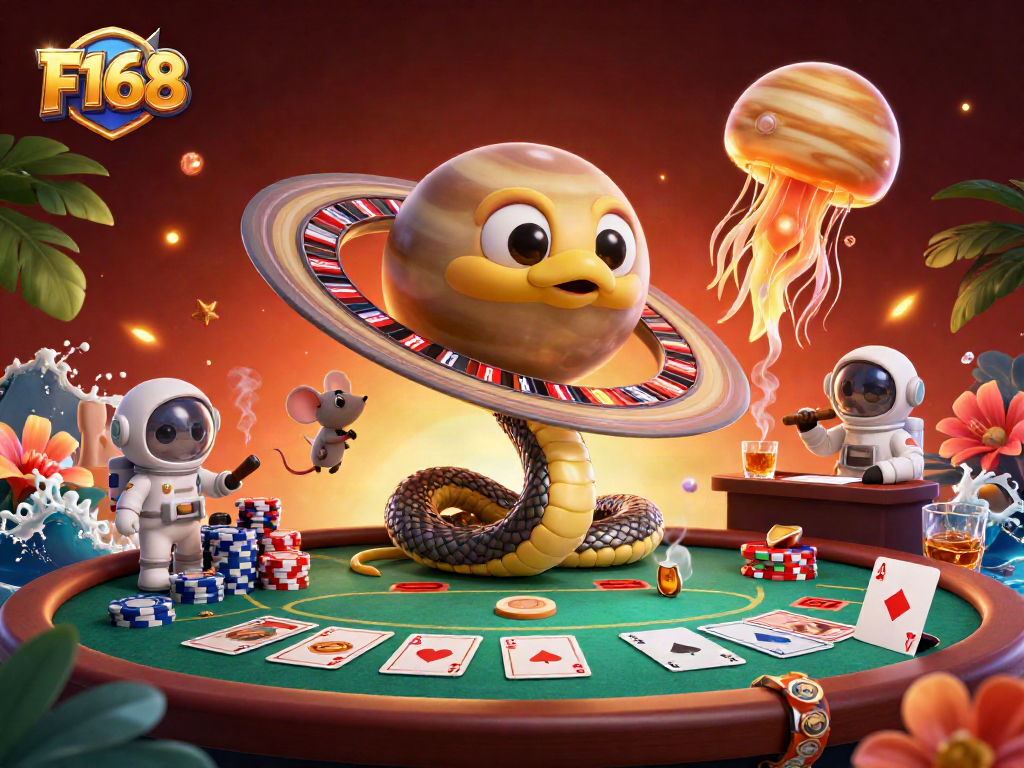 Watch tiny astronaut mice bet on the F168 cosmic roulette with a colorful poker scene