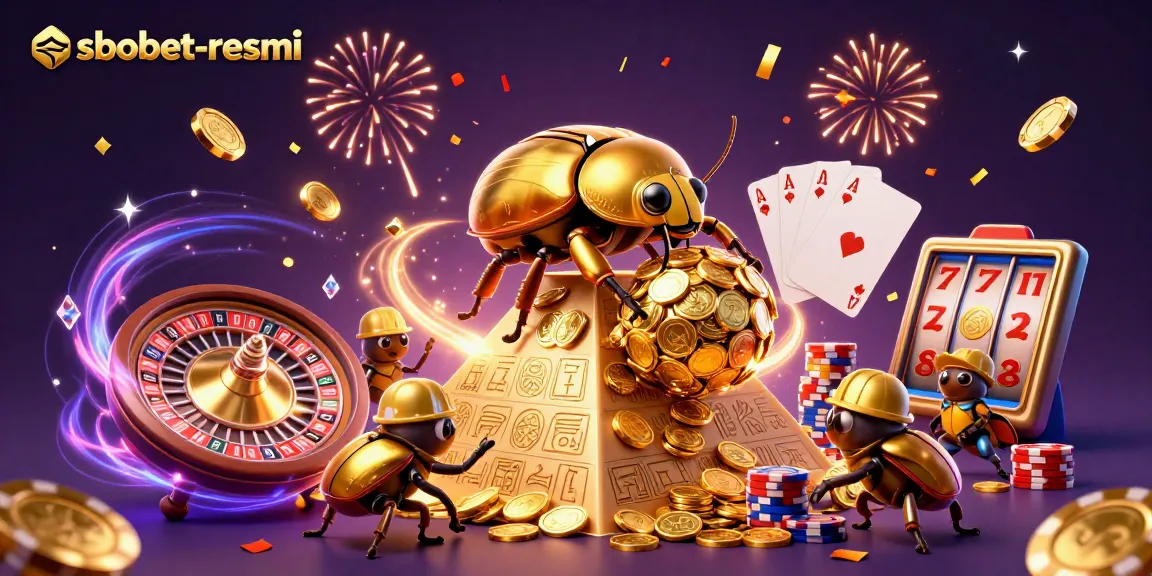 Experience exciting SBOBET-resmi betting action with a vibrant 3D illustration of a golden beetle and casino elements.