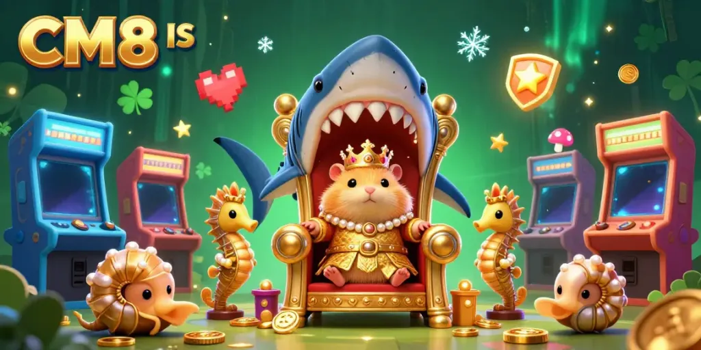 Engage in thrilling gameplay on CM8 with a vibrant 3D animated scene featuring a golden hamster king and gaming elements.