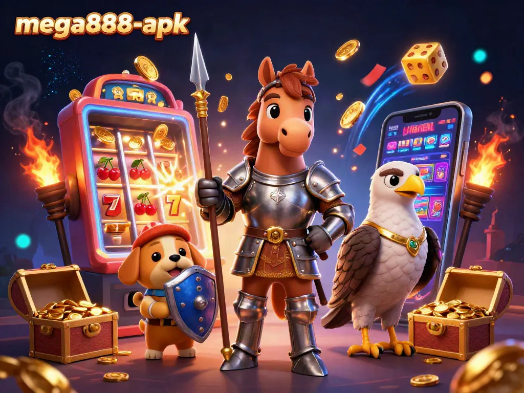 Win big with the mega888-apk, featuring a vibrant illustration of casino action.