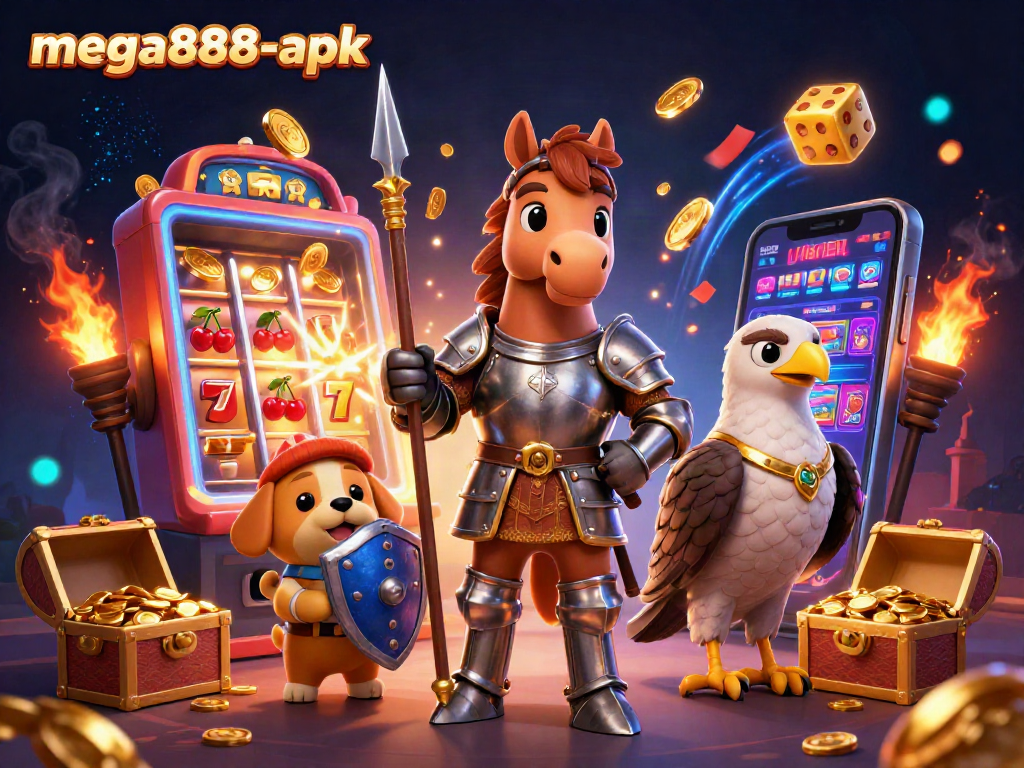 Win big with the mega888-apk, featuring a vibrant illustration of casino action.