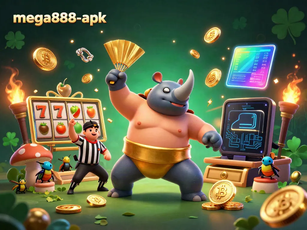 Experience thrilling gameplay with mega888-apk featuring a sumo beetle champion and exciting slot elements.