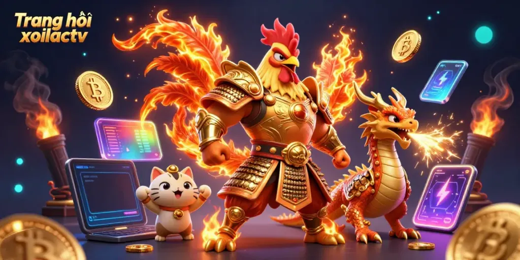 Experience the excitement of Trang chủ xoilactv with lively 3D characters amidst vibrant gambling-themed elements.