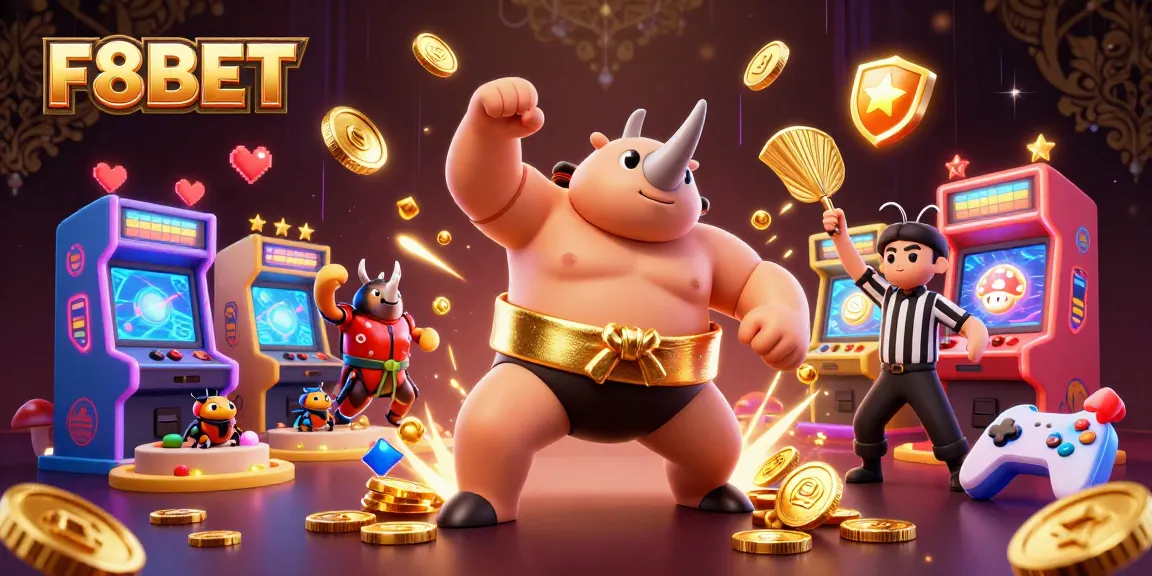 F8BET's vibrant 3D illustration showcases a dynamic casino scene with a sumo beetle champion.