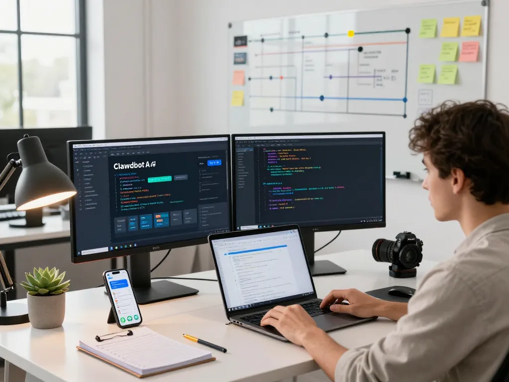 Developer using clawd bot for productivity in a modern workspace with dual monitors.