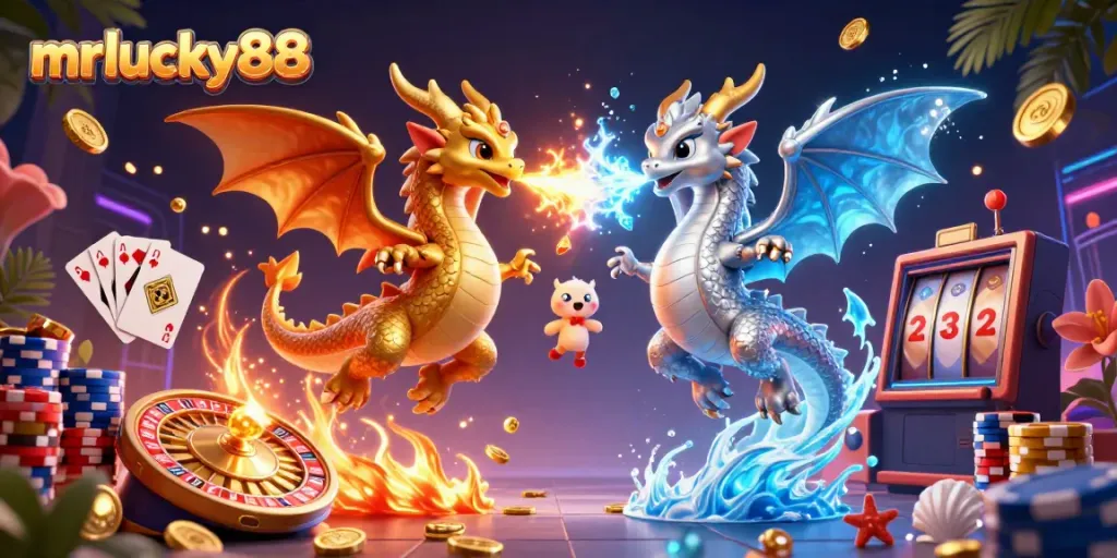 Experience exhilarating gaming with mrlucky88's vibrant 3D casino scene featuring dragons, coins, and slot machines.