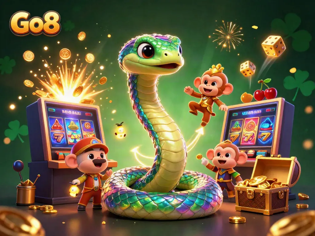 Experience thrilling wins with Go8 as vibrant characters surround a dynamic slot machine jackpot.