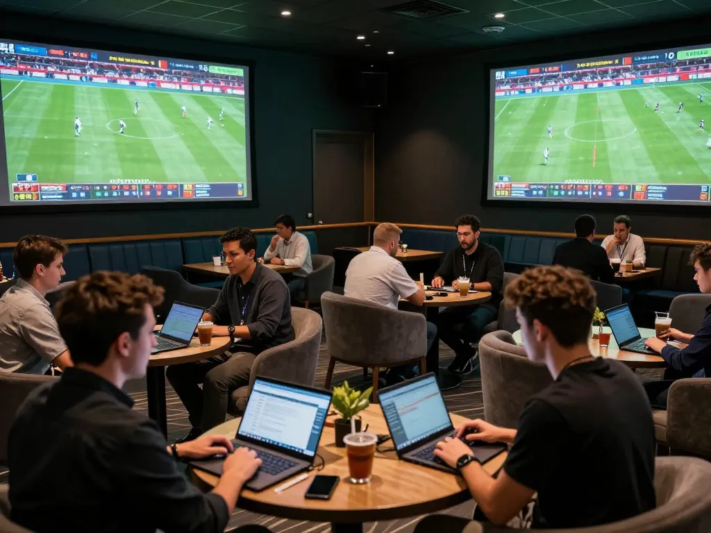 Betting enthusiasts analyze ty le keo nha cai in a vibrant sports lounge environment during a live match.