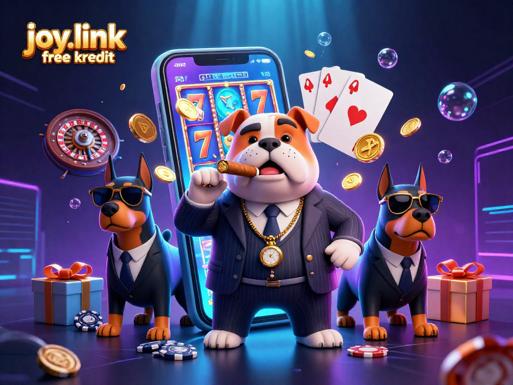 Experience fun gaming with joy.link free kredit featuring a 3D mafia illustration and lively casino elements.