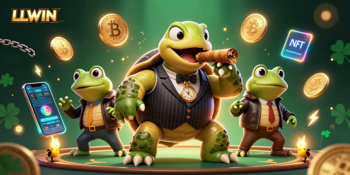 Witness the thrilling atmosphere at LLWIN with a snapping turtle mobster, two bullfrog enforcers, and vibrant game elements.