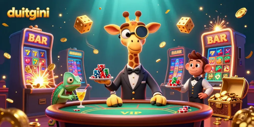 DuitGini's festive casino scene with a high-roller giraffe and dynamic gaming elements.