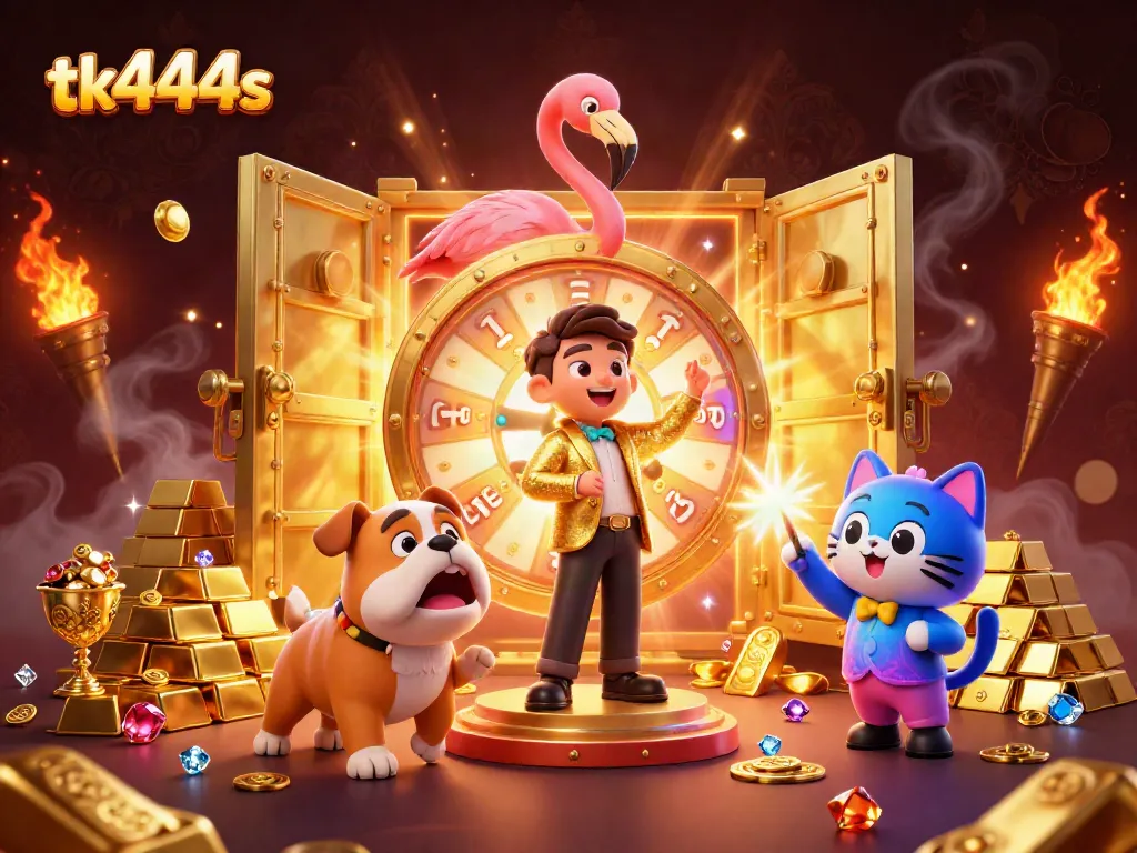 Exciting interactive scene with tk444s featuring a flamingo game show host and bulldog contestant