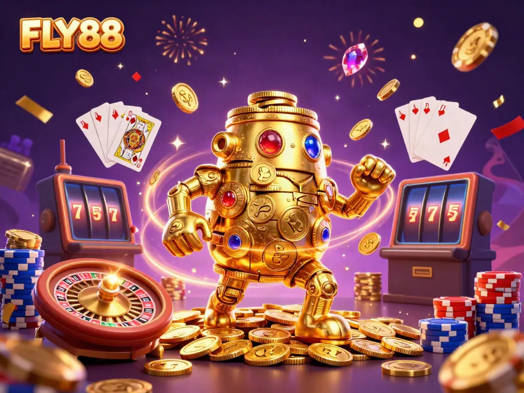 Experience high-stakes thrills in FLY88’s vibrant casino world filled with golden golems and jackpots.