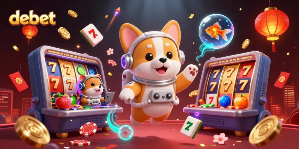 Experience the vibrant debet casino atmosphere with floating slot reels and winning symbols.