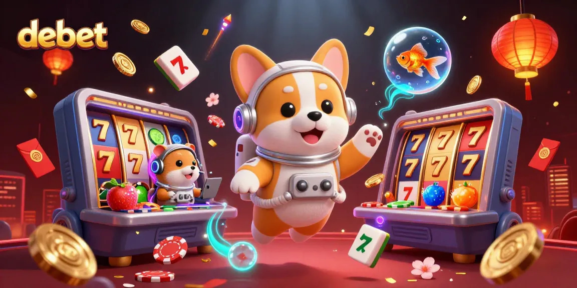 Experience the vibrant debet casino atmosphere with floating slot reels and winning symbols.