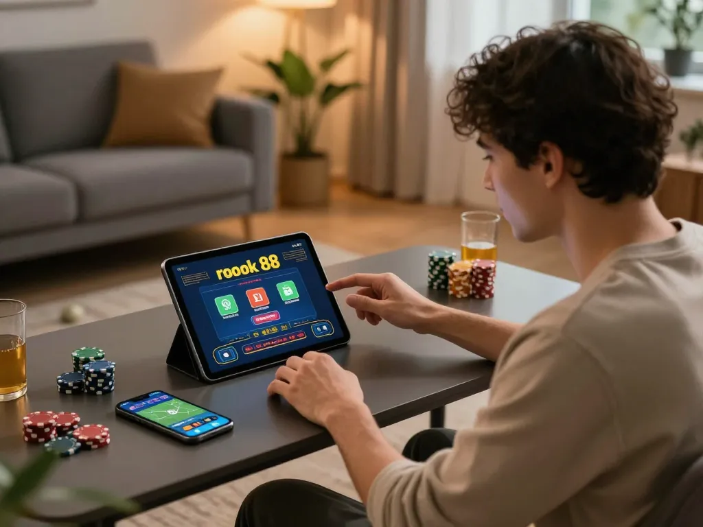 Player engaging with rokok 88 online casino interface, focused on strategic gameplay while seated at stylish desk.