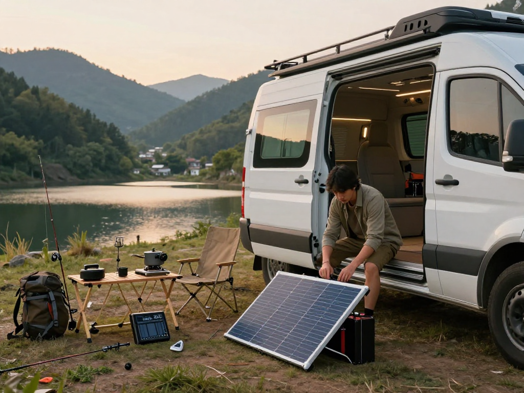 Setting up rokok88 slot solar panel and batteries at scenic campsite.
