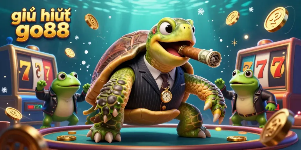 Engage with giới thiệu go88 in this immersive 3D illustration featuring a turtle and bullfrogs amidst dynamic slot reels and casino elements.
