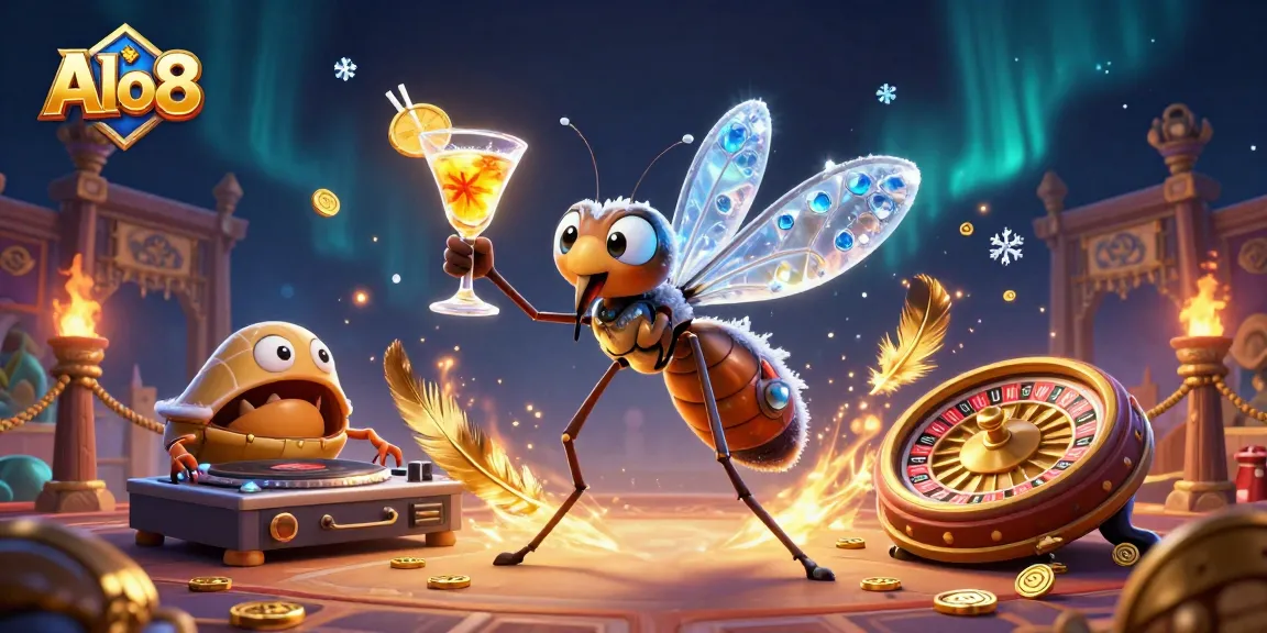 Experience the thrill of Alo8 as the frozen-in-amber mosquito mascot enjoys a golden cocktail amidst a vibrant casino scene.